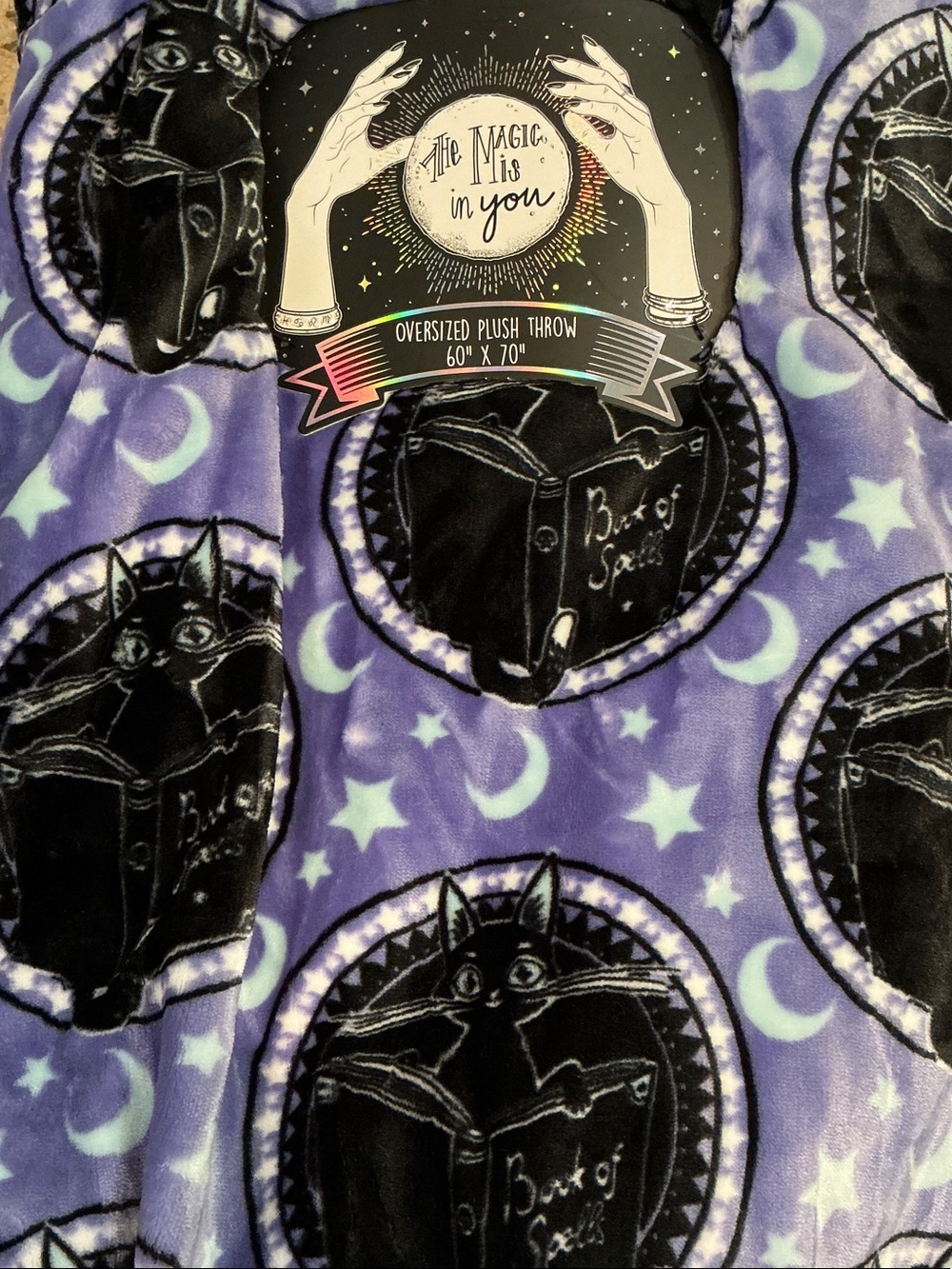The Magic Is In You Oversized Plush Throw - Purple Black Moon & Stars Black Cat